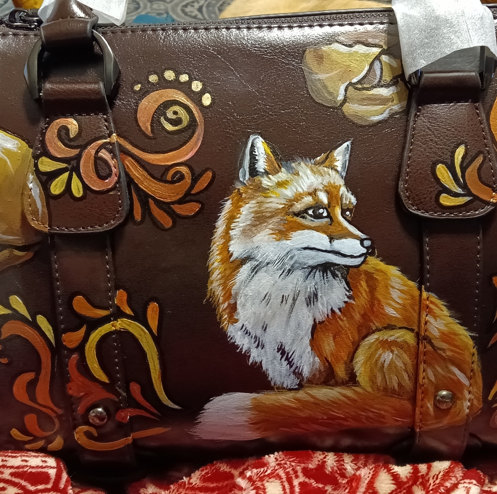 Unique HAND PAINTED Genuine LEATHER Brown *NWT* Handbag Orange Fox Gold Flowers - Picture 12 of 12